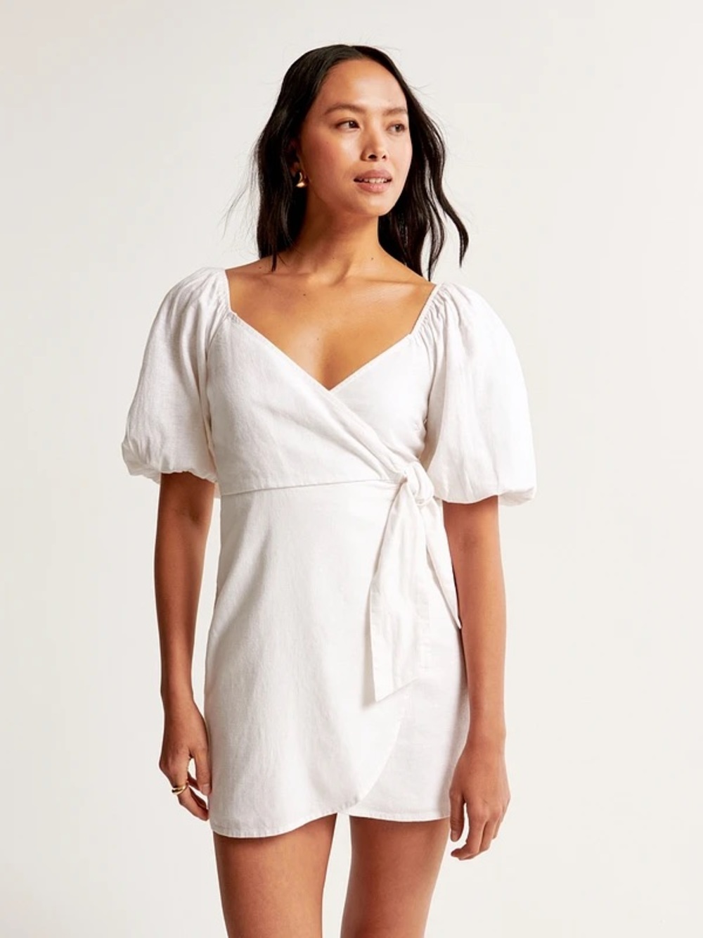 NWT Abercrombie & Fitch White Linen Puff-Sleeve Wrap Mini Dress